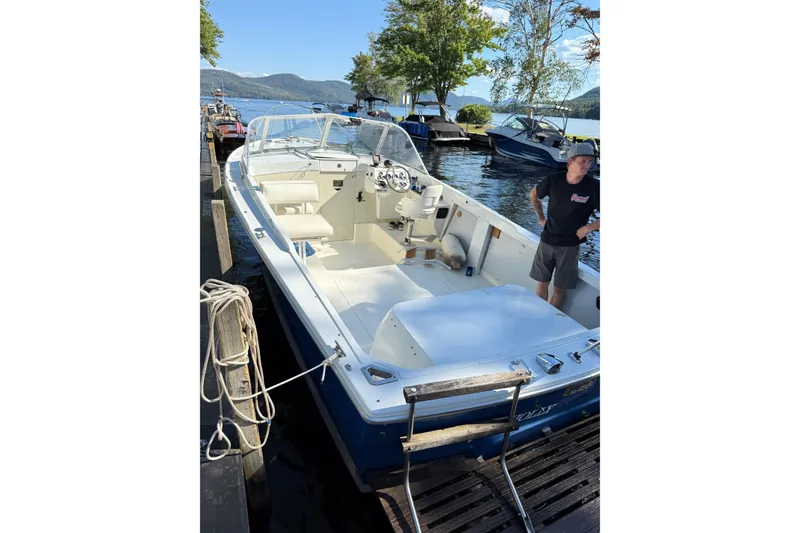 Slide: The Image of 1965 Bertram boat docked by a lake with a person standing onboard. - 48