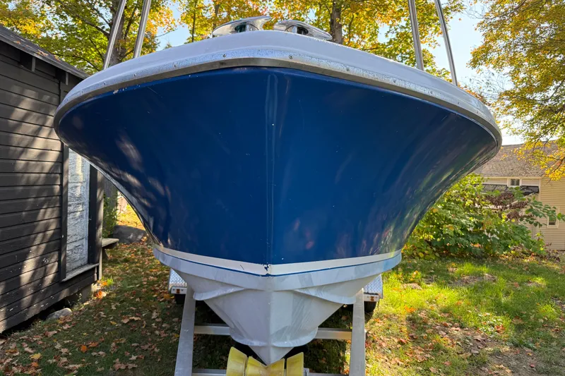 Slide: The Image of 1965 Bertram boat with blue hull on trailer, surrounded by autumn foliage. - 8
