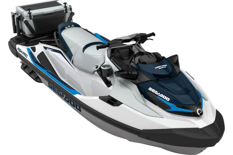 The Image of 2026 Sea-Doo FishPro Sport 170 jet ski, white and blue, with fishing gear. - 2