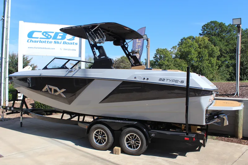 Slide: The Image of 2026 ATX Surf Boats 22 Type-S on trailer at Charlotte Ski Boats dealership. - 5