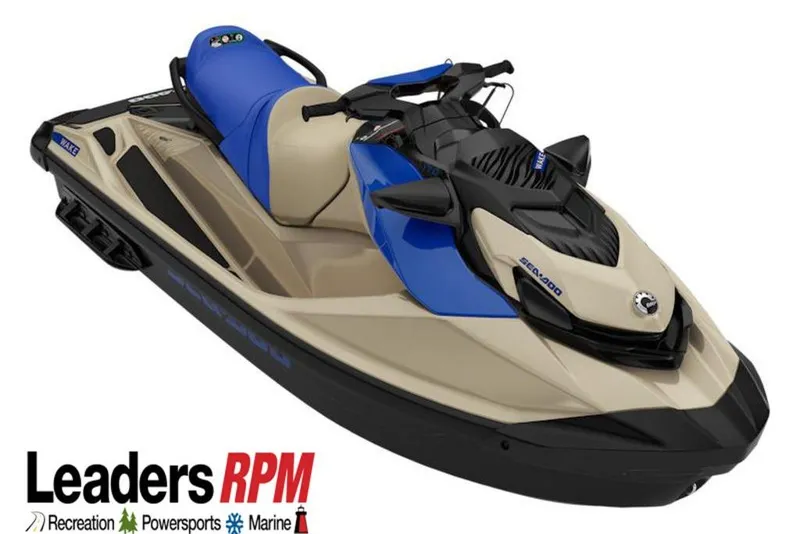 Slide: The Image of 2026 Sea-Doo Wake 170 jet ski in beige and blue, showcased by Leaders RPM. - 13