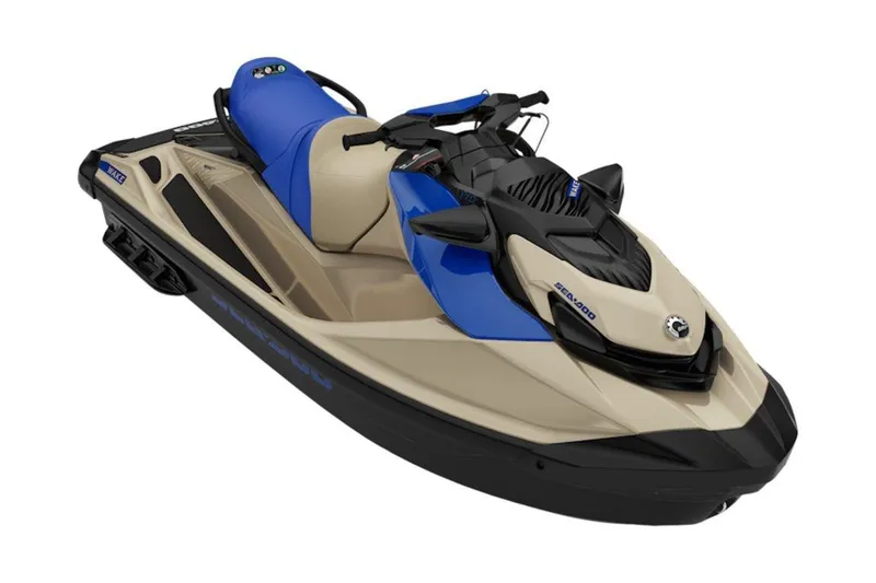 The Image of 2026 Sea-Doo Wake 170 jet ski, beige and blue design, side view. - 1