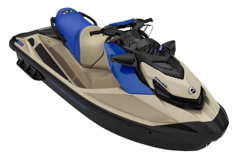 Slide: The Image of 2026 Sea-Doo Wake 170 jet ski in beige and blue, featuring sleek design and advanced controls. - 23