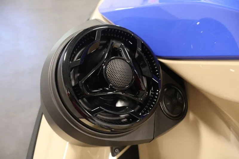 Slide: The Image of Close-up of 2026 Sea-Doo Wake 170 speaker system, featuring sleek black design. - 15