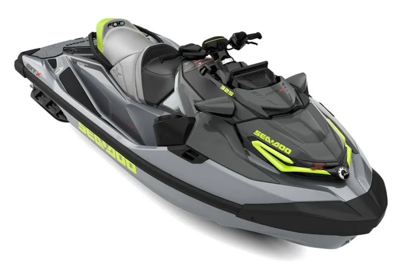 Slide: The Image of 2026 Sea-Doo RXT-X 325 jet ski, sleek design, gray and neon accents. - 5