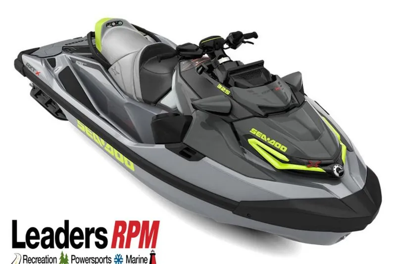 Slide: The Image of 2026 Sea-Doo RXT-X 325 jet ski, sleek design, gray and neon accents. - 6
