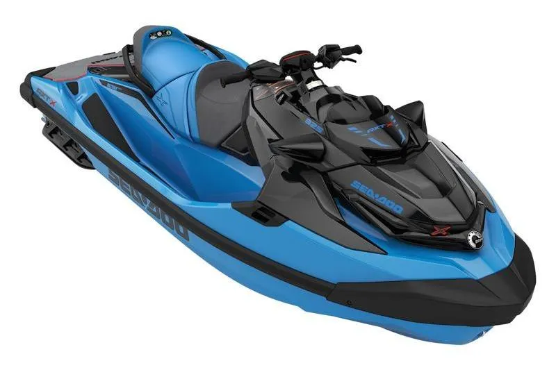 The Image of 2026 Sea-Doo RXT-X 325 jet ski in blue and black design. - 1