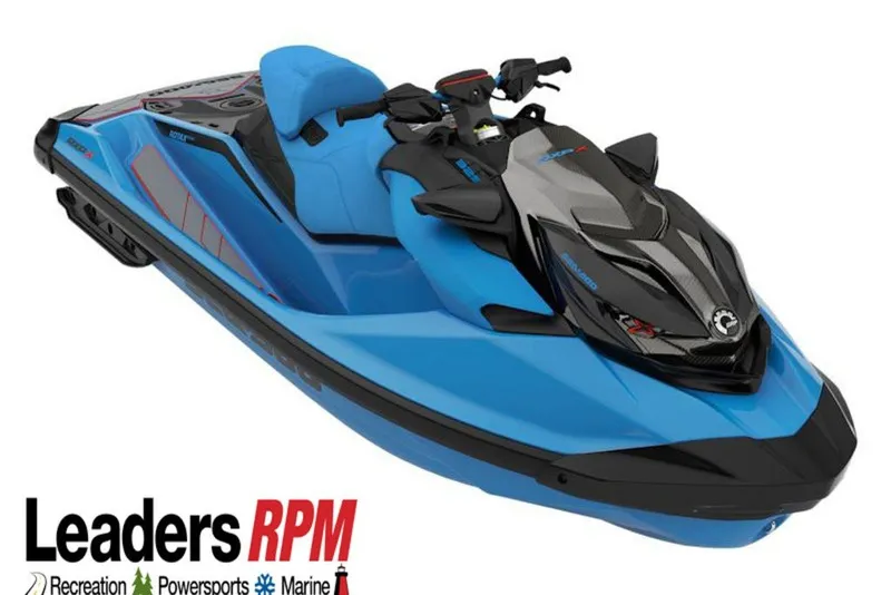 Slide: The Image of 2026 Sea-Doo RXP-X 325 jet ski in blue and black, displayed by Leaders RPM. - 24