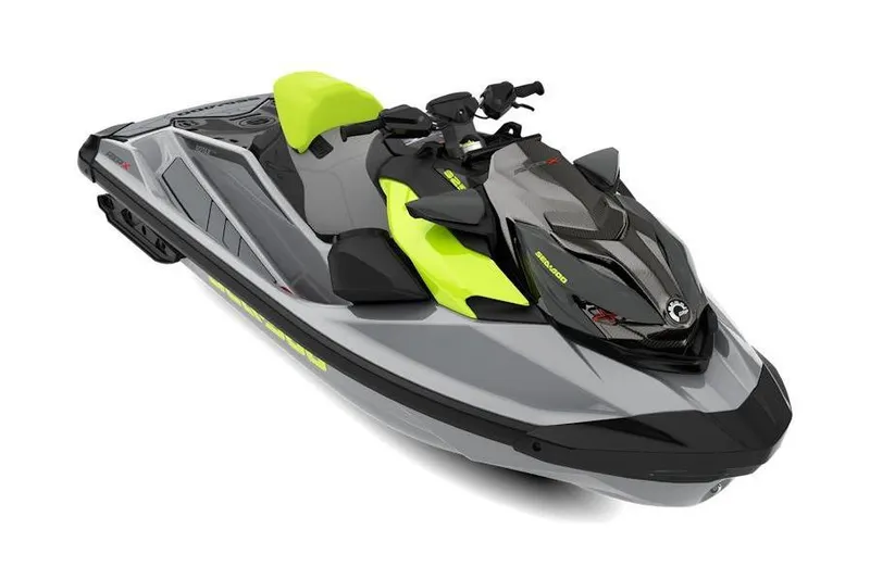 The Image of 2026 Sea-Doo RXP-X 325 jet ski, gray and neon yellow design, top view. - 2