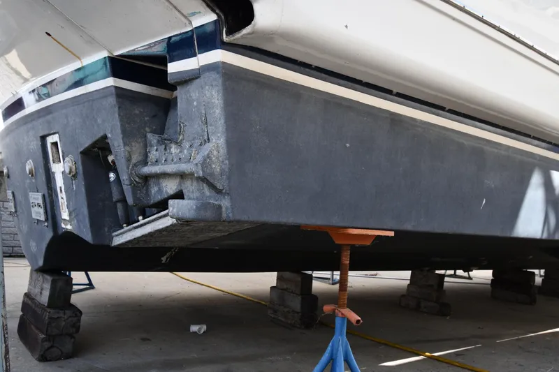 Slide: The Image of 2001 Ferretti Yachts 72 on dry dock, showing hull and propeller details. - 5