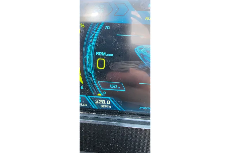 Slide: The Image of Dashboard display of 2020 Moomba Makai showing RPM and depth at 328.0. - 32