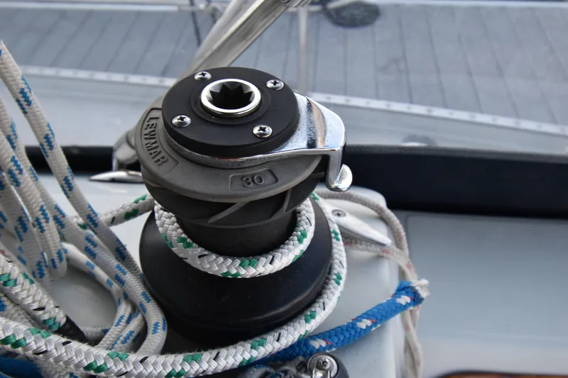 Slide: The Image of Close-up of a Lewmar winch with ropes on a 1988 Ericson 38-200 sailboat. - 69