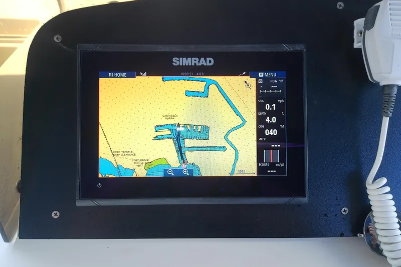 Slide: The Image of Simrad navigation display on 2004 Mainship 34 Pilot II boat, showing a nautical chart. - 17
