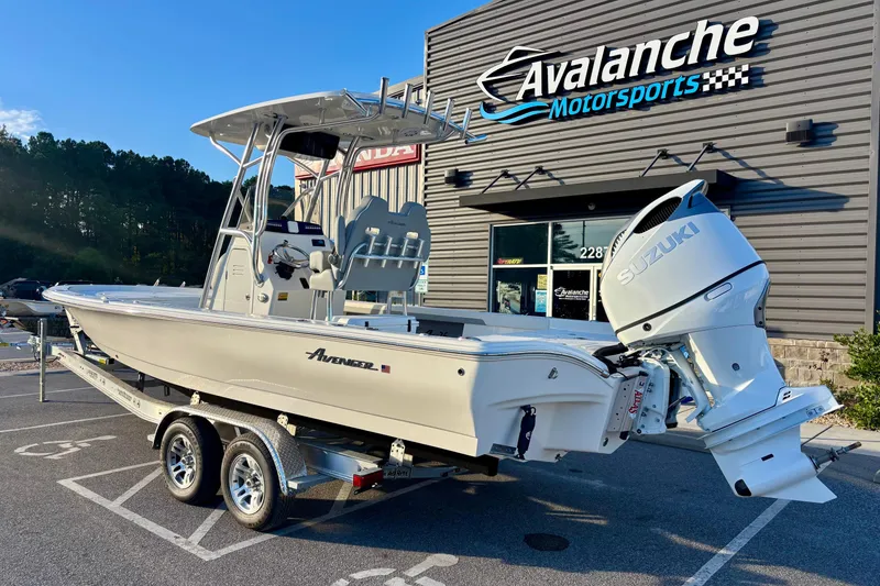 Slide: The Image of Avenger AV26 boat at Avalanche Motorsports, featuring Suzuki engine, 2026 model. - 4