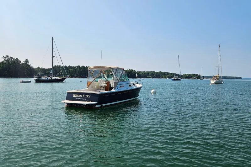 Slide: The Image of 2006 Back Cove 26 boat named "Helen Fury" on a serene lake with sailboats. - 10