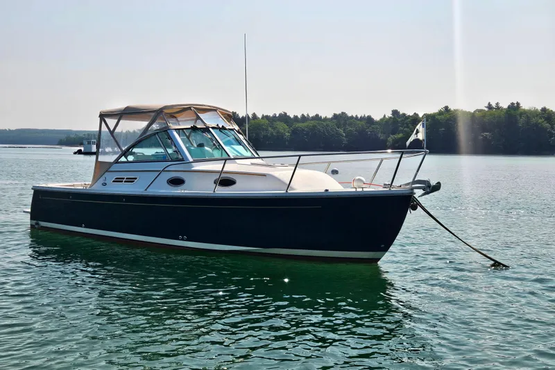 Slide: The Image of 2006 Back Cove 26 boat anchored on calm water with scenic forest backdrop. - 6