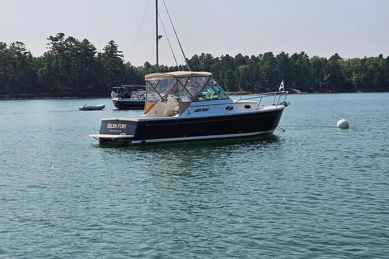 Slide: The Image of 2006 Back Cove 26 boat anchored on calm water with forested shoreline. - 7