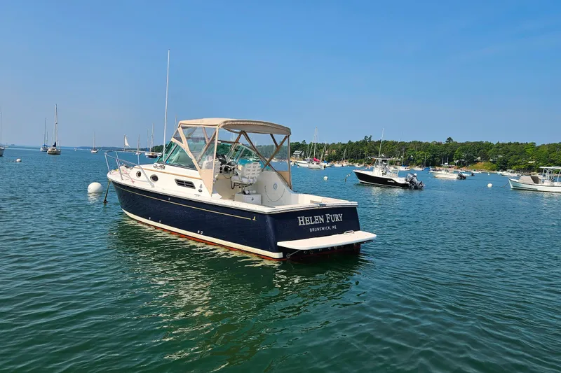Slide: The Image of 2006 Back Cove 26 boat named "Helen Fury" moored in a scenic harbor. - 8