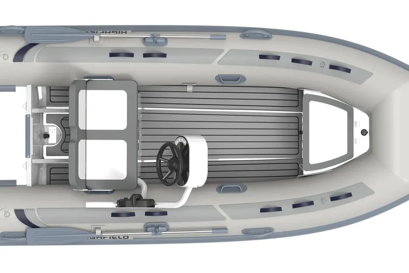 The Image of 2026 Highfield Classic 380 FCT inflatable boat, top view, featuring steering console and seating. - 0