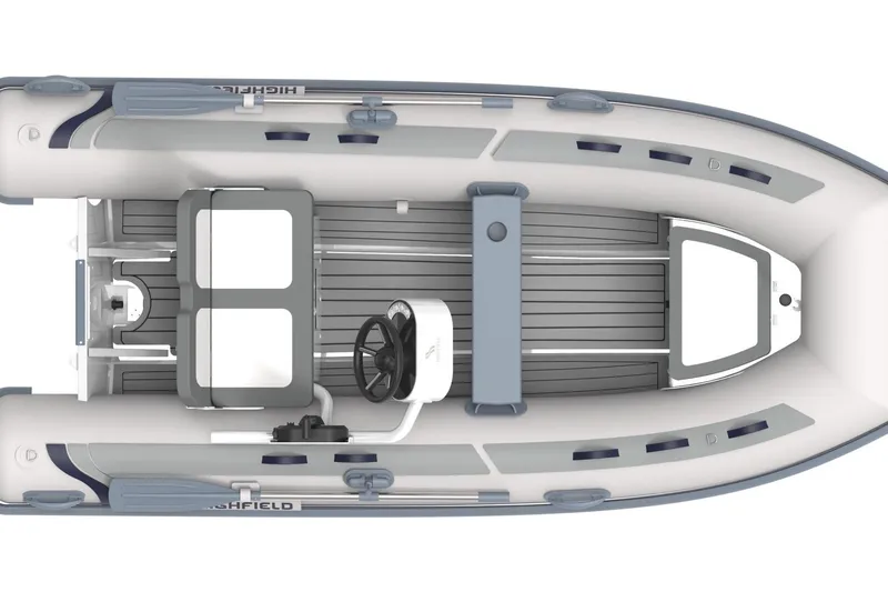 Slide: The Image of 2026 Highfield Classic 380 FCT inflatable boat, top view, showcasing interior layout and steering console. - 5