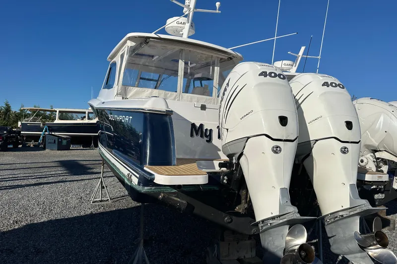 Slide: The Image of 2020 Southport 33DC boat with twin Mercury 400 engines on display. - 4