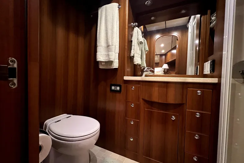 Slide: The Image of Luxurious wooden bathroom interior of 2011 Nordhavn 60 yacht with modern amenities. - 19