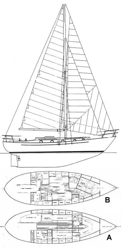Slide: The Image of Line drawing of 1983 Liberty 38 Cutter sailboat with detailed interior layout plans. - 47