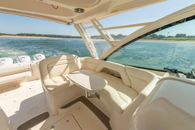 Slide: The Image of Luxurious interior of 2019 Grady-White Freedom 375 boat with scenic ocean view. - 22