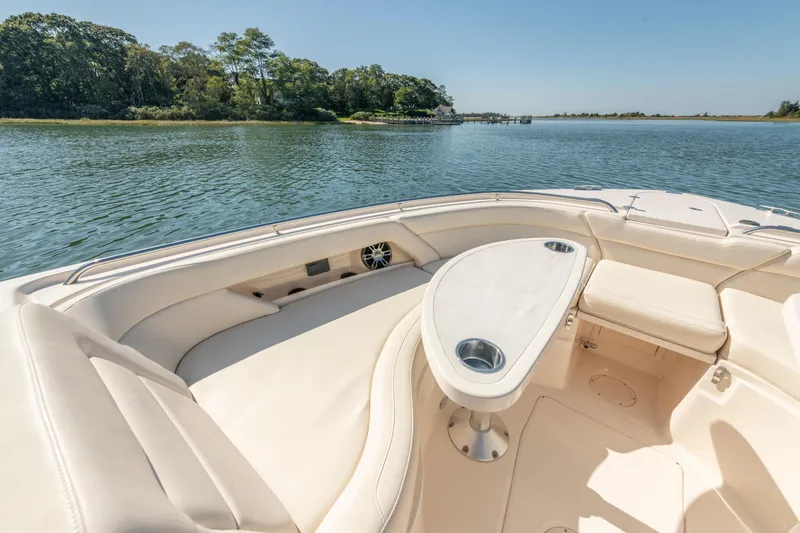 Slide: The Image of Luxurious seating area on 2019 Grady-White Freedom 375 boat, overlooking serene waters. - 31