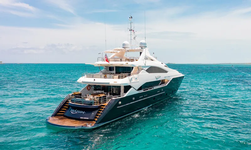 Slide: The Image of Aerial view of 2014 Sunseeker 131 yacht on turquoise water. - 4