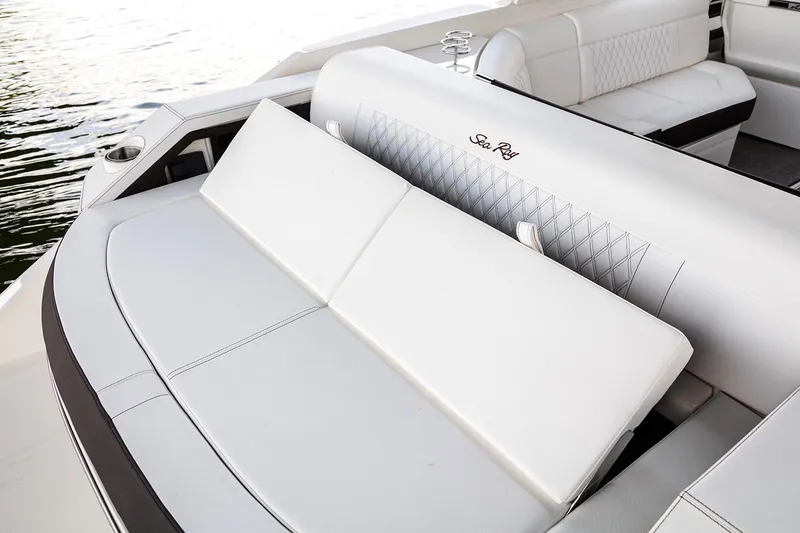 Slide: The Image of 2021 Sea Ray SLX 310 interior with sleek sink and modern design. - 10
