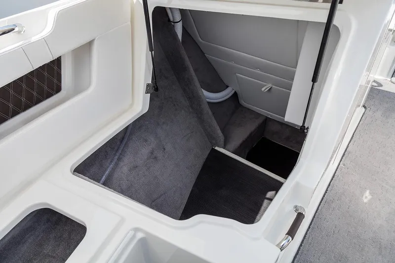 Slide: The Image of 2021 Sea Ray SLX 310 interior with luxurious seating and storage compartments. - 13