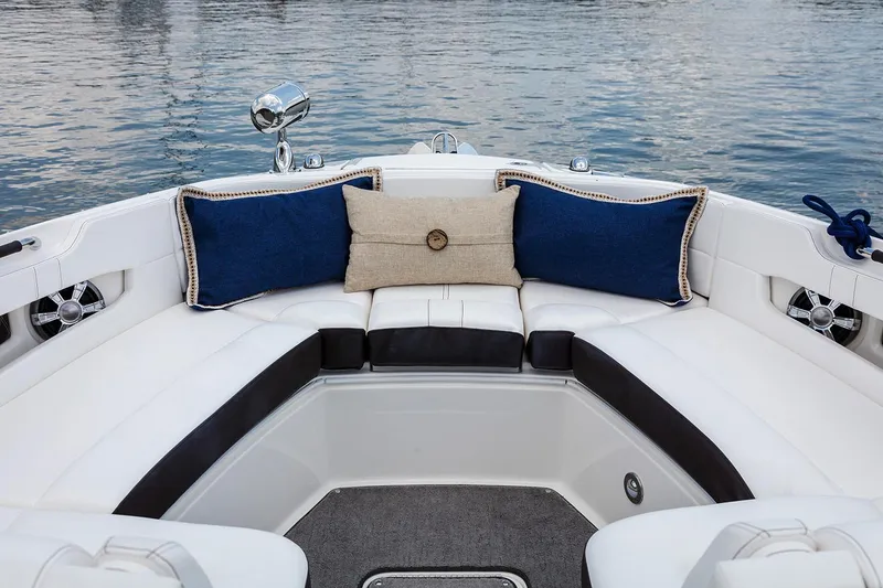 Slide: The Image of 2021 Sea Ray SLX 310 boat interior with luxurious seating and armrest. - 3