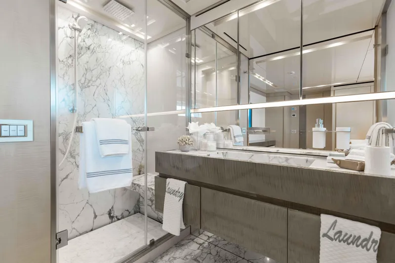 Slide: The Image of Luxurious bedroom on the 2016 Sanlorenzo SD126 yacht with modern decor and large bed. - 19