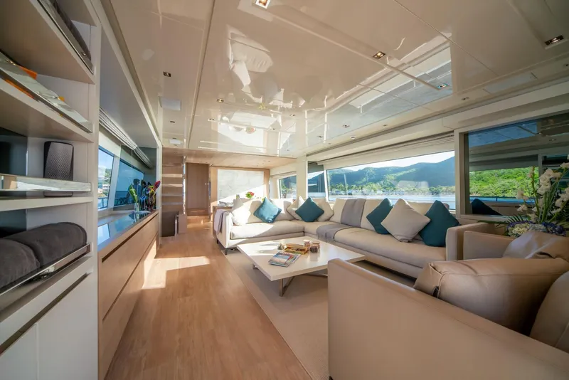 Slide: The Image of Luxurious interior of 2018 Sanlorenzo SL86 yacht with modern furnishings and scenic views. - 27