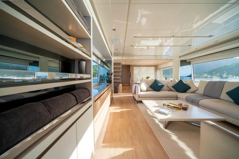 Slide: The Image of Luxurious interior of 2018 Sanlorenzo SL86 yacht with modern furnishings and panoramic windows. - 28