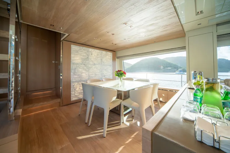 Slide: The Image of Luxurious interior of 2018 Sanlorenzo SL86 yacht with elegant dining area and scenic ocean view. - 31