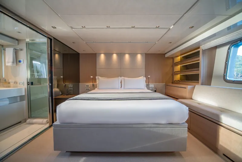 Slide: The Image of Luxurious bedroom interior of 2018 Sanlorenzo SL86 yacht with modern design and elegant furnishings. - 41