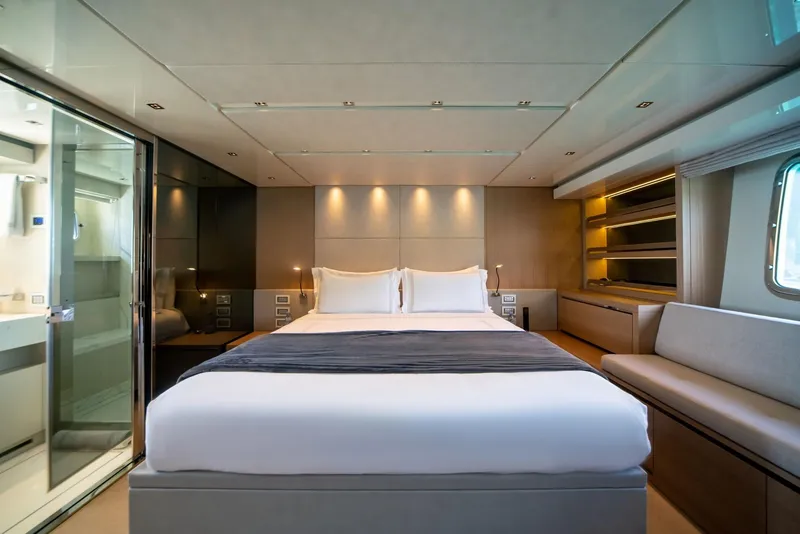 Slide: The Image of Luxurious bedroom interior of 2018 Sanlorenzo SL86 yacht with modern design and elegant lighting. - 43