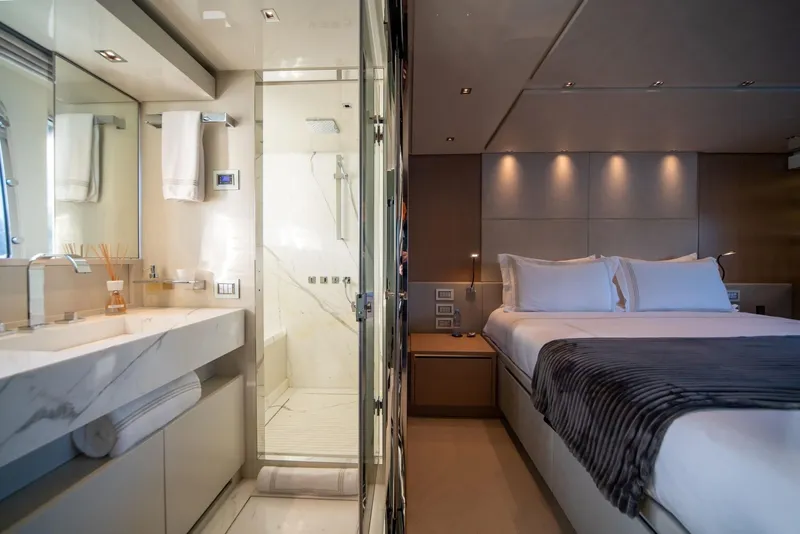 Slide: The Image of Luxurious bedroom and bathroom interior of 2018 Sanlorenzo SL86 yacht. - 44