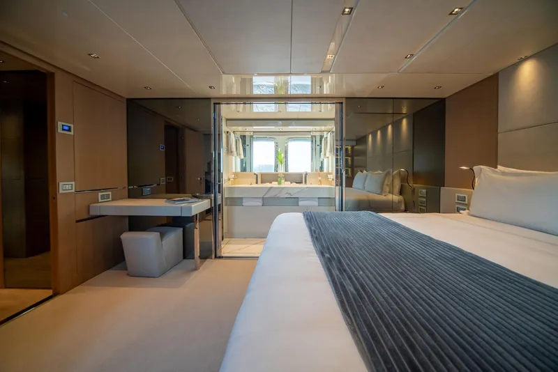 Slide: The Image of Luxurious Sanlorenzo SL86 2018 yacht bedroom with modern decor and elegant furnishings. - 46