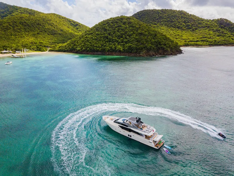 Slide: The Image of Sanlorenzo SL86 yacht cruising in tropical waters near lush green islands, 2018 model. - 7