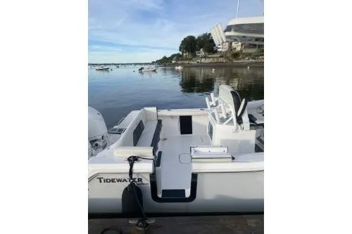 Slide: The Image of 2024 Tidewater 272 LXF boat docked by a calm waterfront. - 11