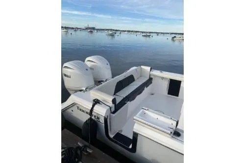 Slide: The Image of 2024 Tidewater 272 LXF boat with dual Yamaha engines docked by the water. - 12