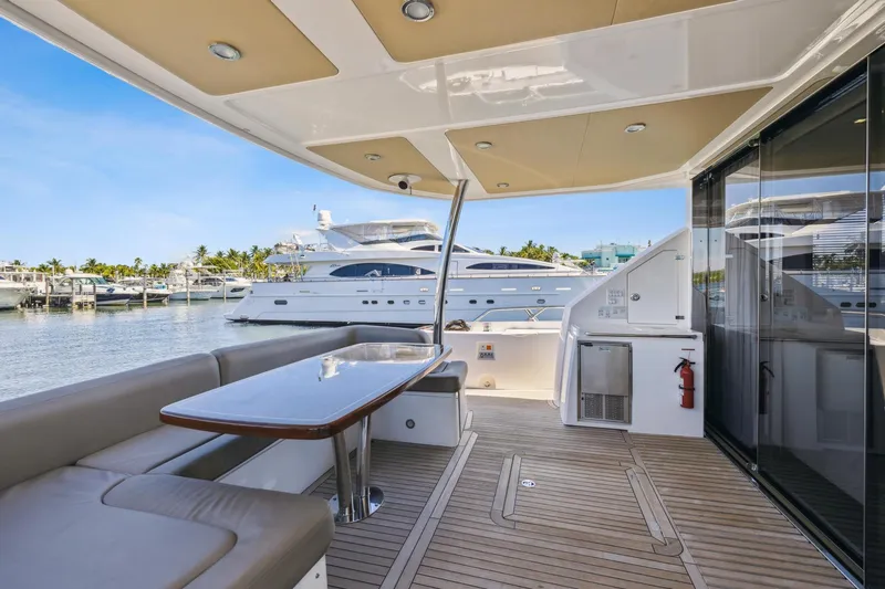 Slide: The Image of Luxurious 2014 Sunseeker 73 Manhattan yacht deck with seating and ocean view. - 11