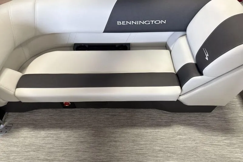 Slide: The Image of 2026 Bennington 22 SSRSF boat seating, featuring sleek gray and white upholstery. - 19