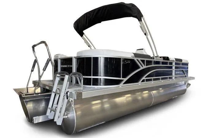 Slide: The Image of 2026 Bennington 22 SSRSF pontoon boat with sleek design and black canopy. - 4