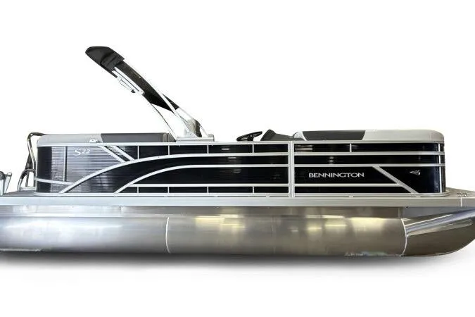 Slide: The Image of 2026 Bennington 22 SSRSF pontoon boat, sleek black and silver design, side view. - 5