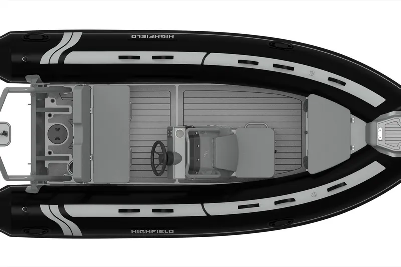 Slide: The Image of 2026 Highfield CL400 inflatable boat, top view, black and gray design, modern layout. - 2