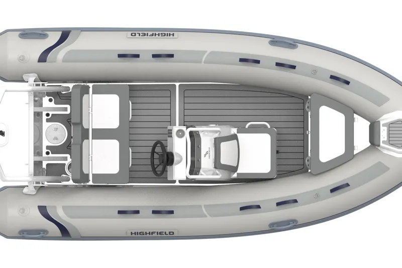 Slide: The Image of 2026 Highfield CL400 inflatable boat, top view, showcasing seating and steering console. - 3